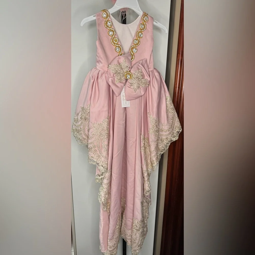 Handmade Graceful Pink and Gold hi low dress with Floral lace Embellishments - Picture 3 of 5